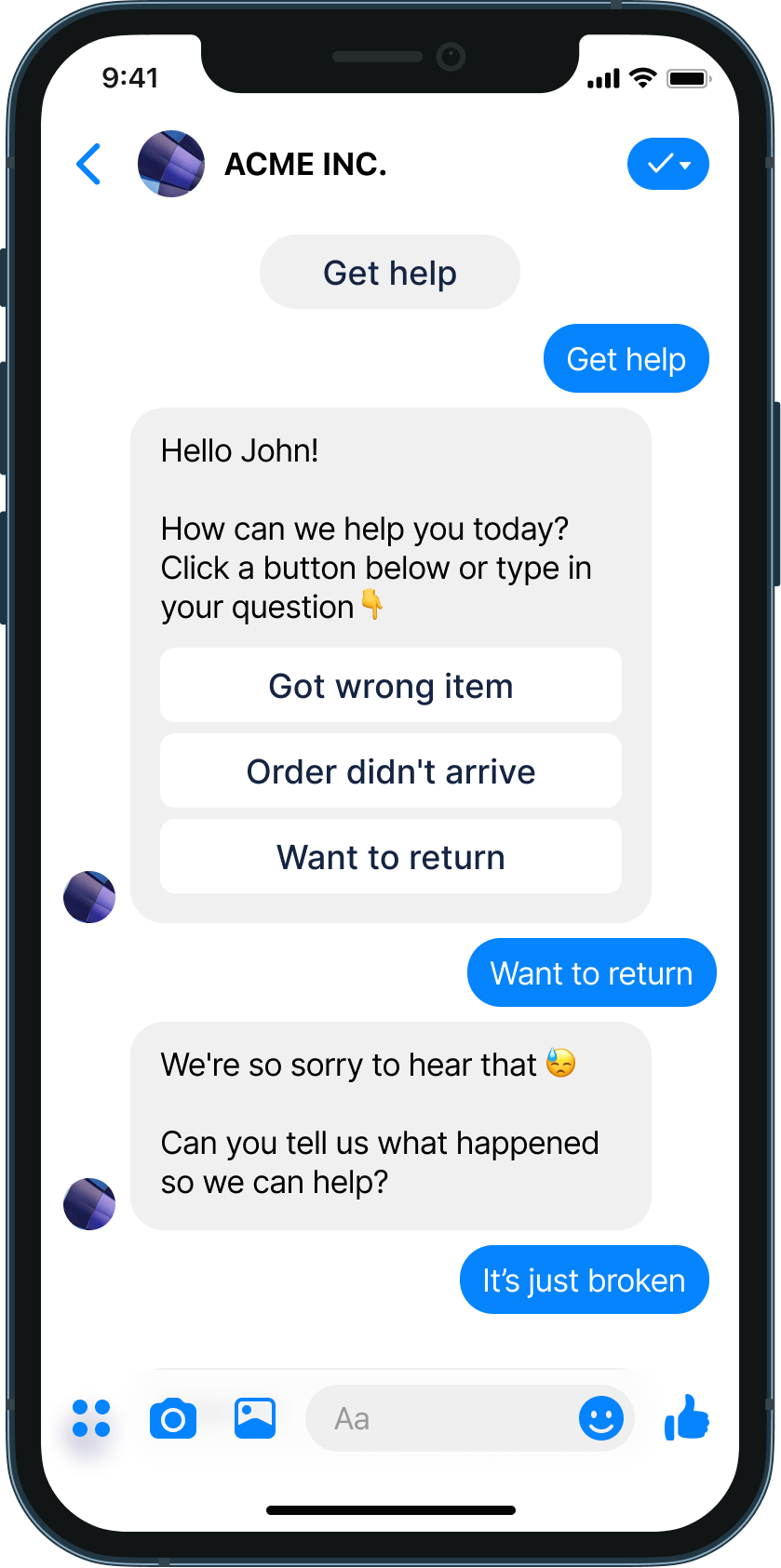 Complaints support for ecommerce store chatbot example